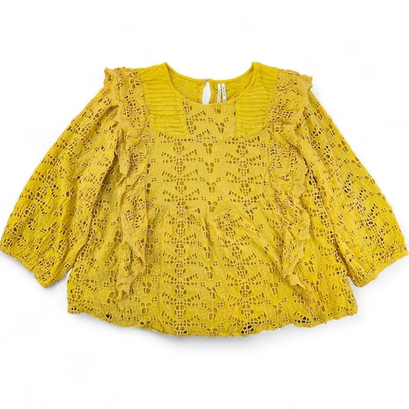 Anthropologie Clementine Eyelet Lace Blouse 20W Mustard Yellow Boho Peasant Top - Picture 2 of 7